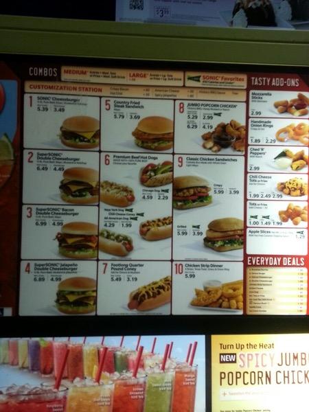 Menu at Sonic Drive-In fast food, Houston, Old Spanish Trail