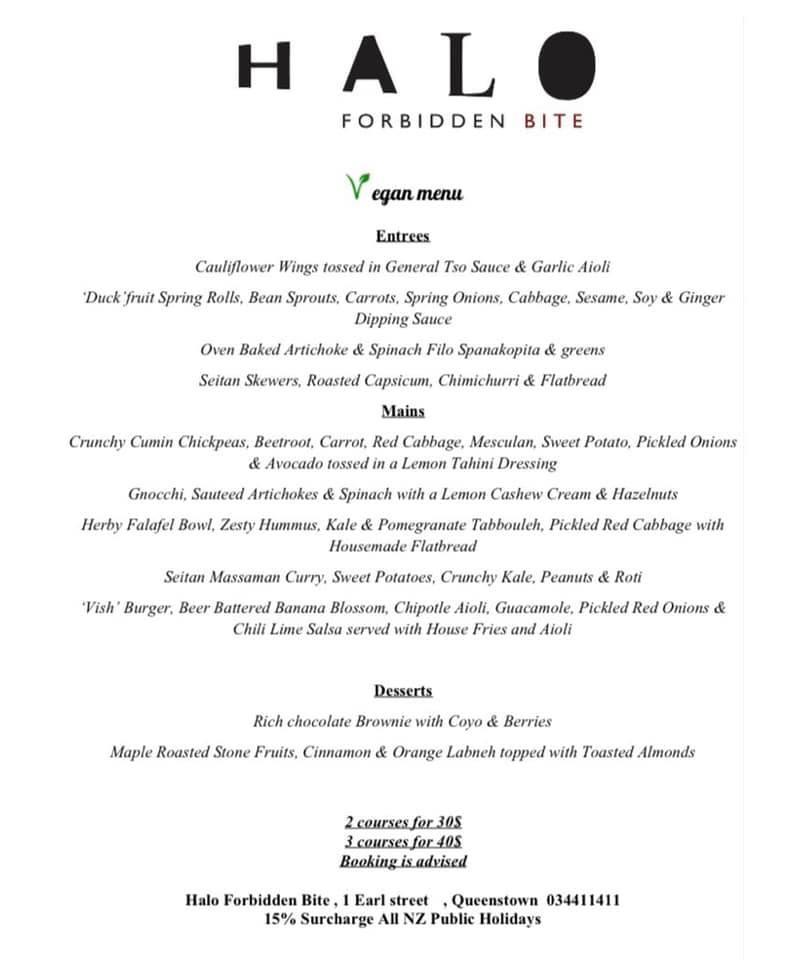 Menu at Halo Forbidden Bite restaurant, Queenstown