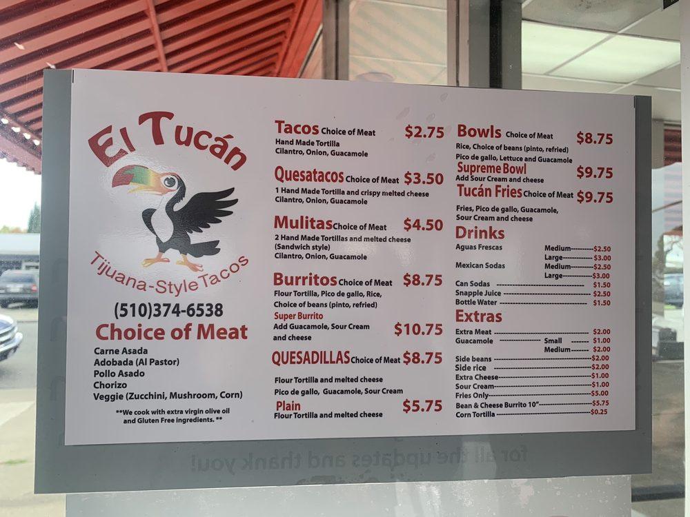 Menu at Tacos El Tucan restaurant, Richmond