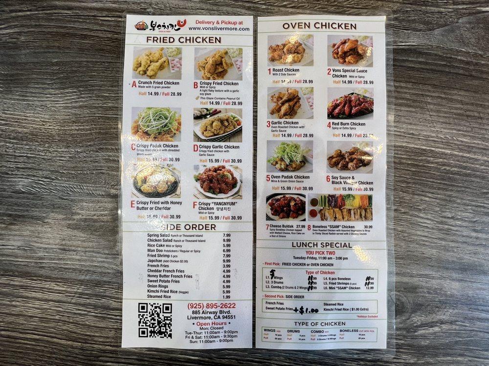 Menu at Vons Chicken Livermore fast food, Livermore