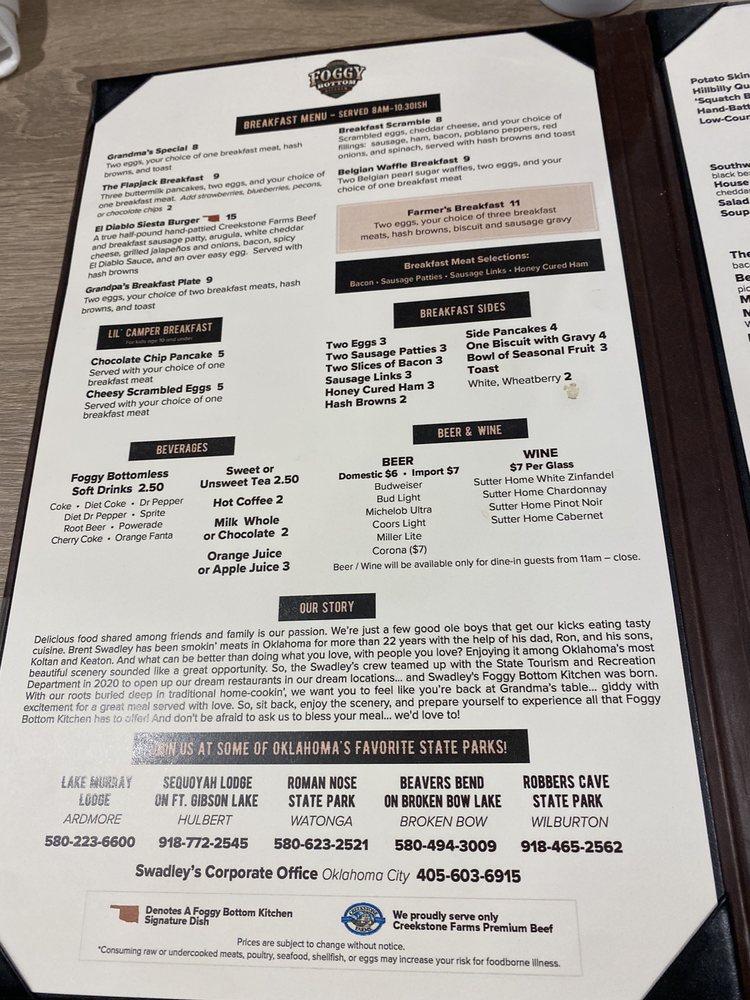 Menu at Swadley's Foggy Bottom Kitchen restaurant, Broken Bow