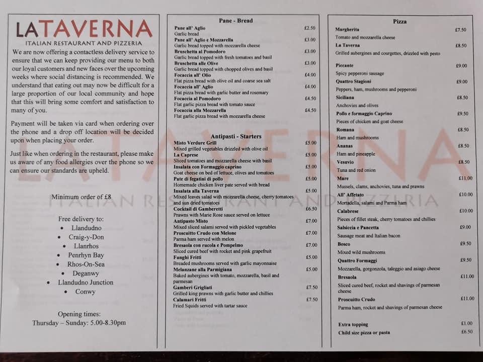 Menu at La Taverna restaurant, Llandudno