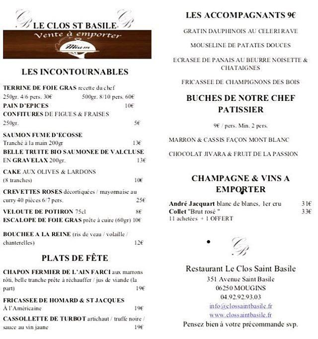 Menu At Restaurant Basile, Mougins