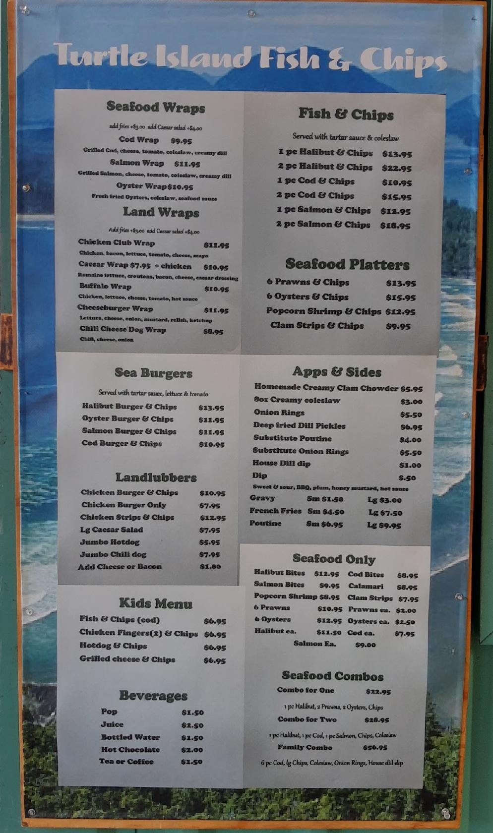 Menu at Turtle Island Fish & Chips restaurant, Port Alberni, Argyle St
