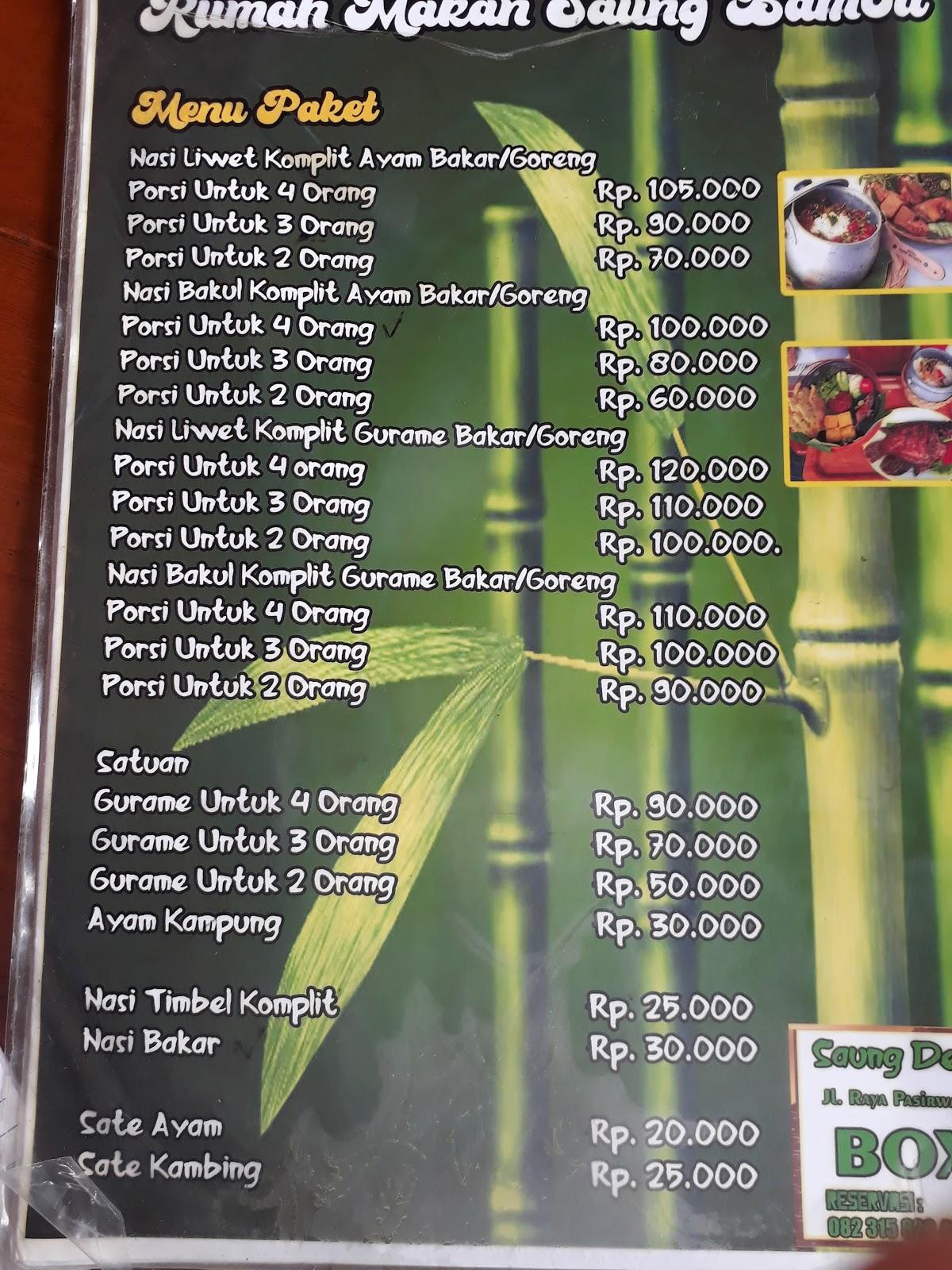 Menu at RM. Saung bambu restaurant, Tarogong Kaler