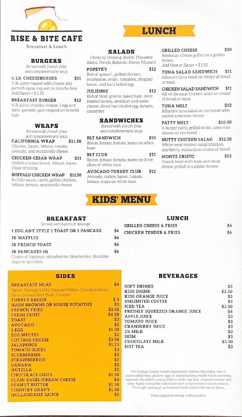 Menu at Rise & Bite Cafe, Naperville