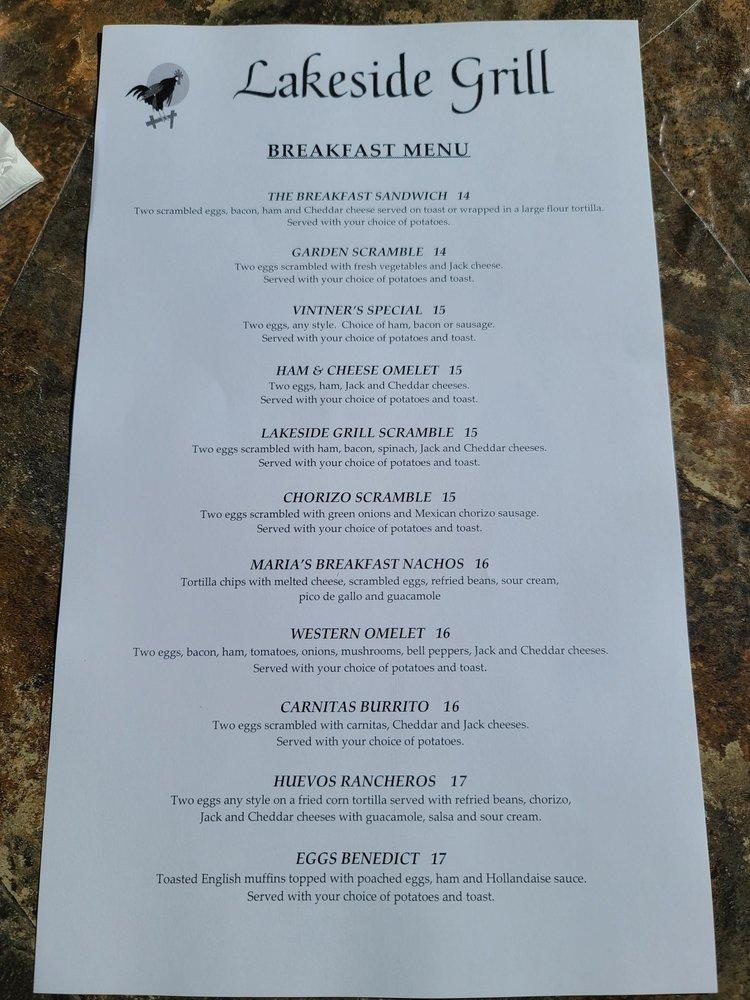 Menu at Lakeside Grill Vintners Golf Club, Yountville