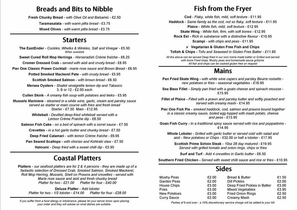 Menu at Pier One restaurant, FrintononSea