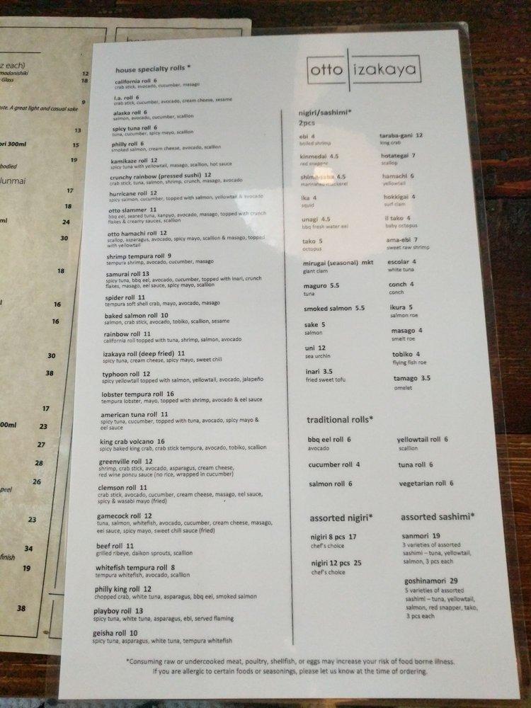 Menu at Otto Izakaya restaurant, Greenville, 15 Market Point Dr