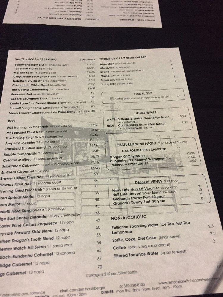 Menu at Restoration Kitchen & Wine pub & bar, Torrance