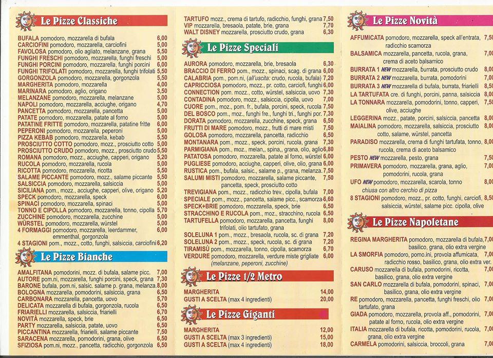 Menu at Pizzeria Soleluna, Bologna