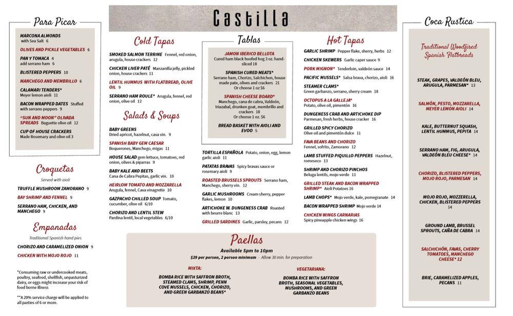 Menu at Castilla Restaurant and Tapas Bar, Bellevue
