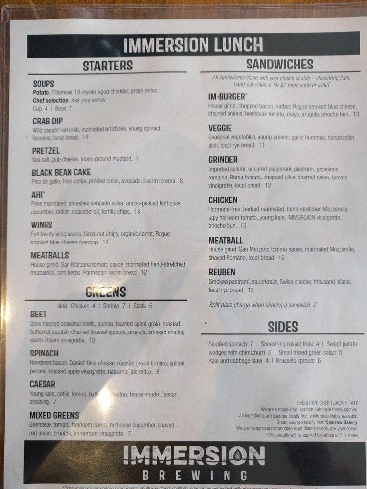Menu at Immersion Brewing pub & bar, Bend