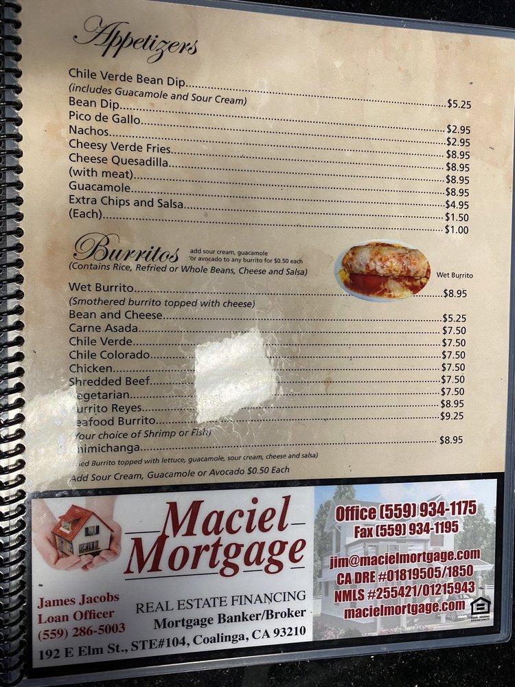 Menu at Los Reyes Mexican Grill and Seafood restaurant, Coalinga