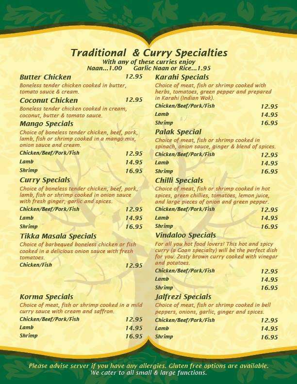 Menu at The Mango Tree restaurant, Lethbridge