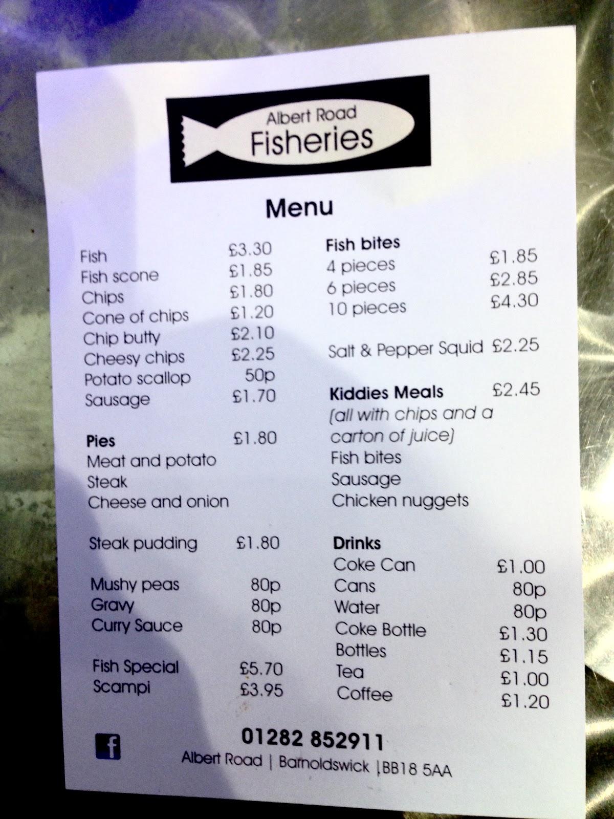 Menu at Albert Road Fisheries cafe, Barnoldswick