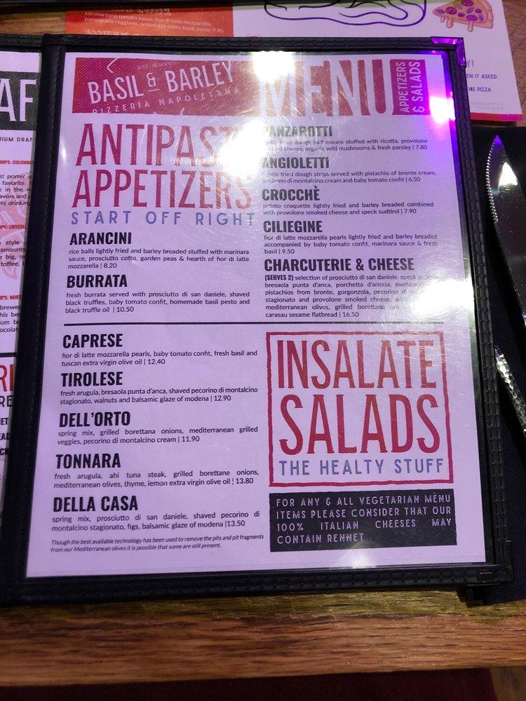 Menu at Basil & Barley Pizzeria Napoletana, Colorado Springs