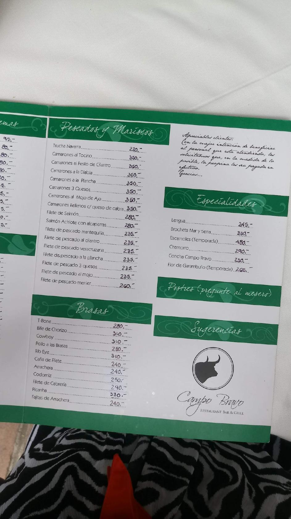 Menu at Campo Bravo pub & bar, San Juan del Río, Panamericana Kilómetro 171