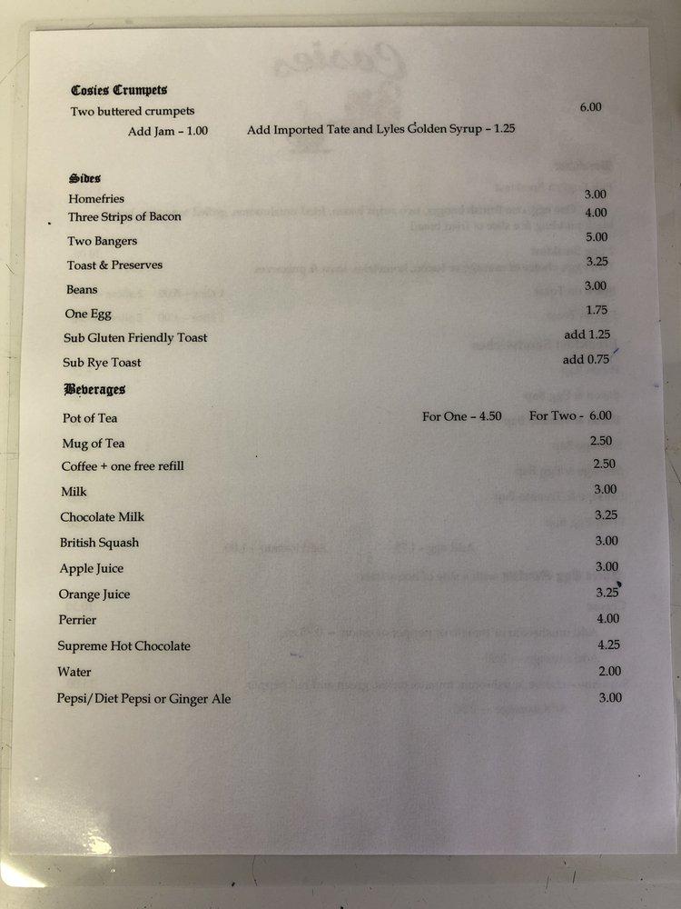 Menu at Cosies cafe, Brockville