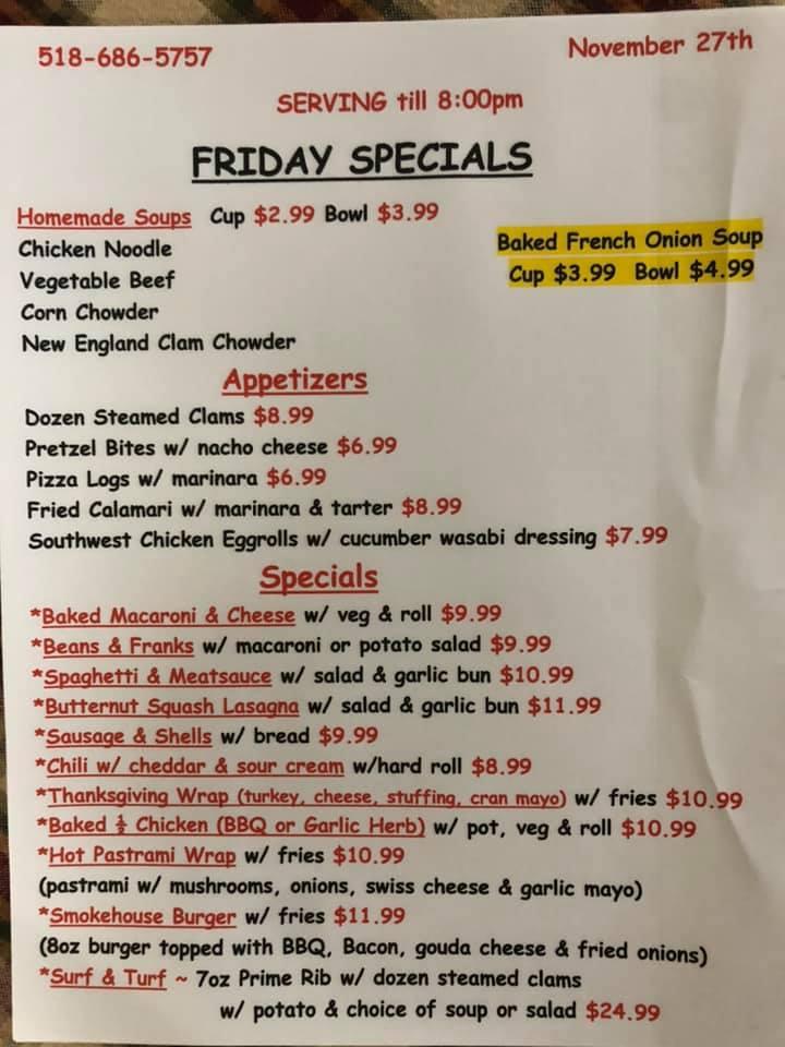 Menu at Fall's Diner restaurant, Hoosick Falls