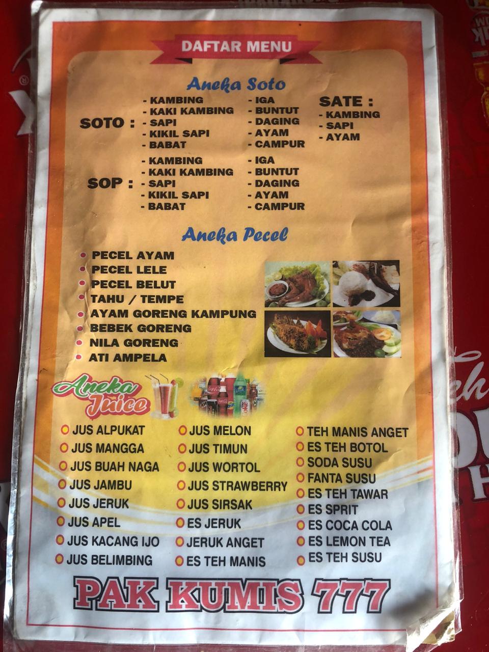 Menu at Soto Pak Kumis 777 restaurant, Cianjur