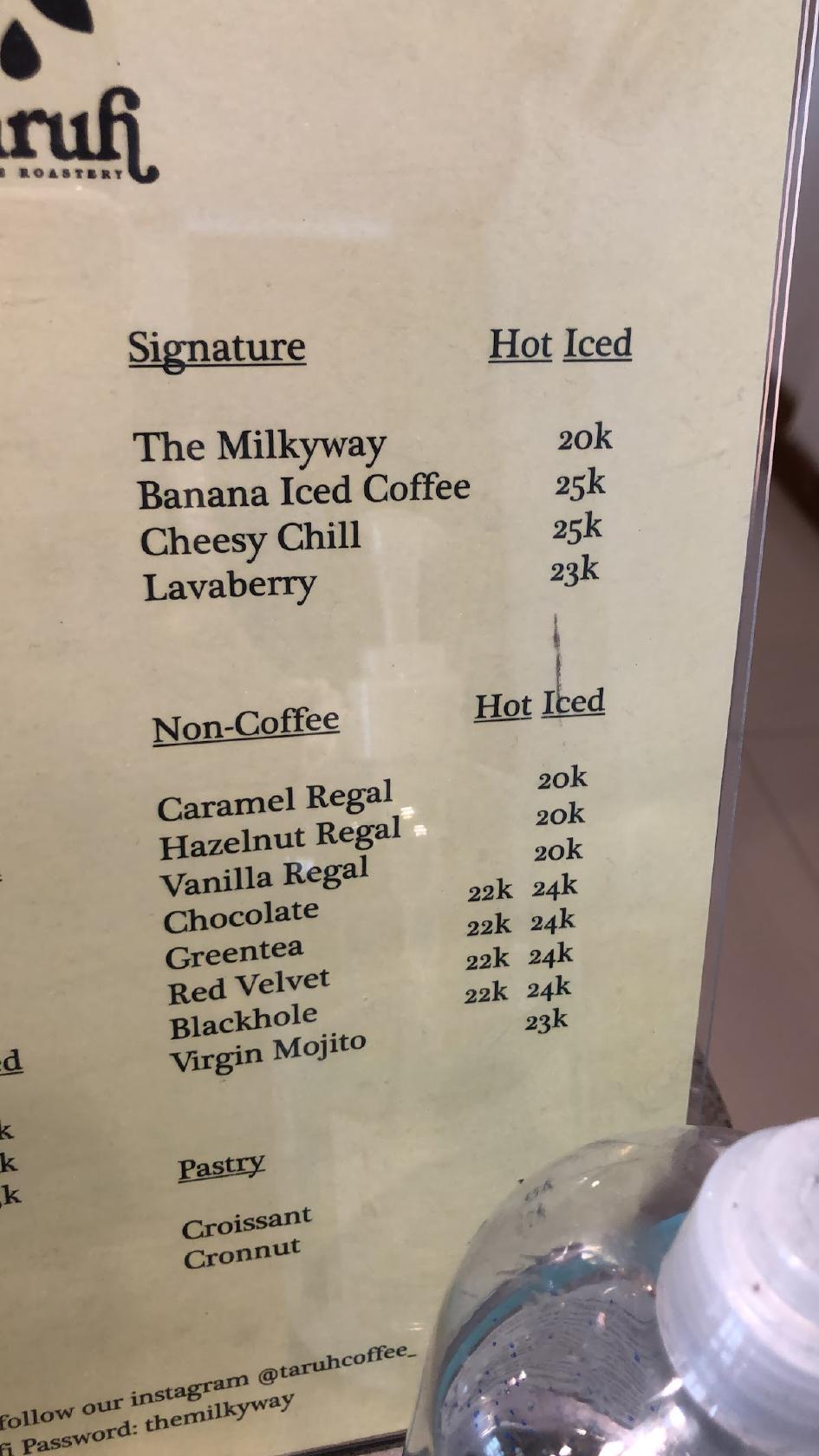 Menu at Taruh Coffee Roastery, Indonesia