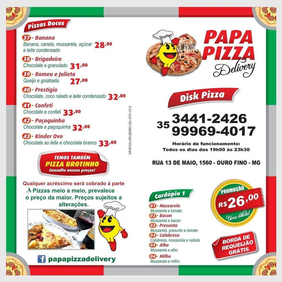 Menu at Papa Pizza Delivery pizzeria, Ouro Fino