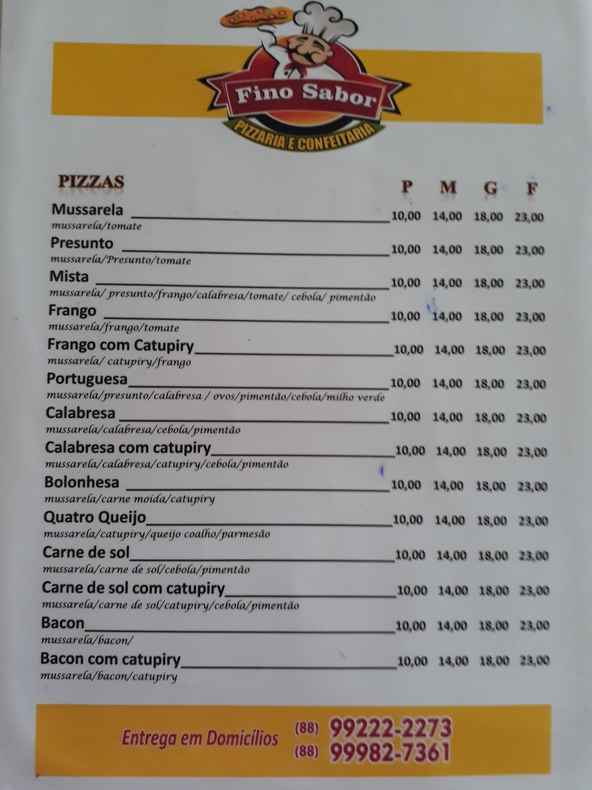 Menu at Pizzaria Fino Sabor, Brazil, R. Luís Camelo Sobrinho