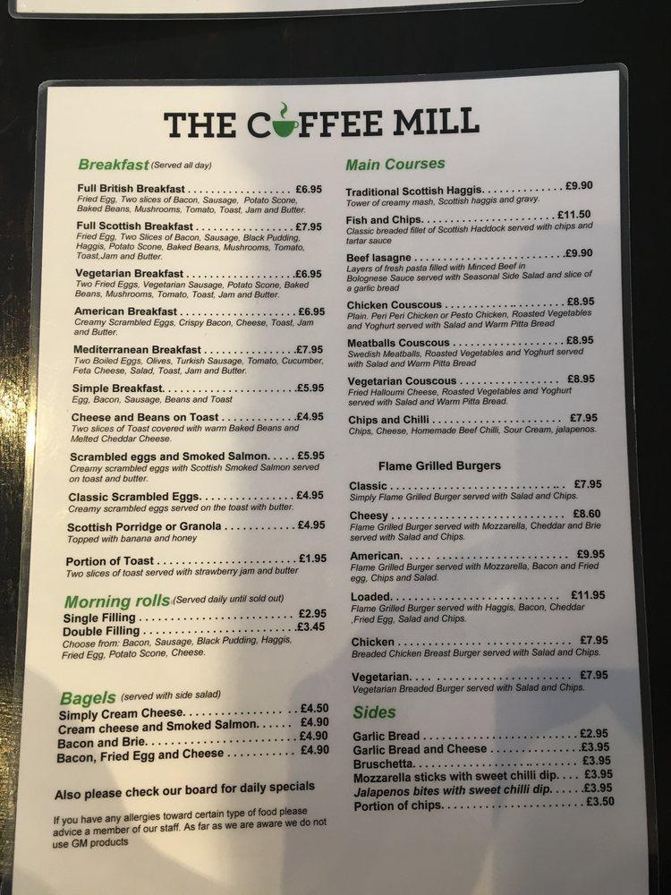 Menu at The Coffee Mill Cafe, Edinburgh, 54 West Port