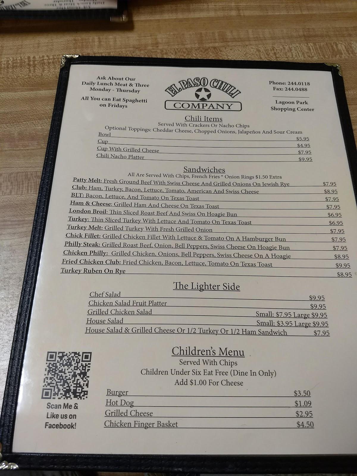 Menu at El Paso Chili Company restaurant, Montgomery