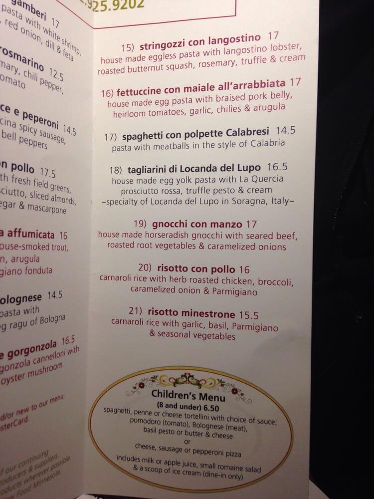 Menu at Broders' Pasta Bar, Minneapolis