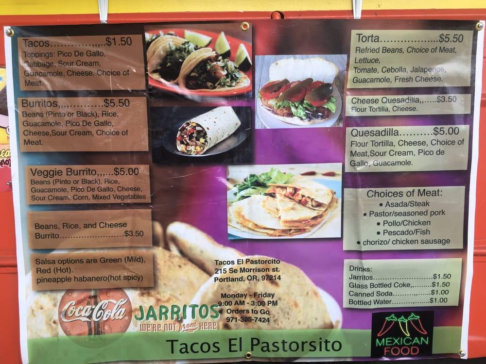 Menu at Tacos El Pastorcito restaurant, Portland