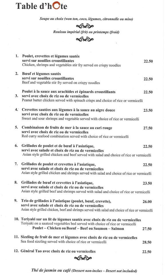 Menu au Chiyo restaurant, SalaberrydeValleyfield