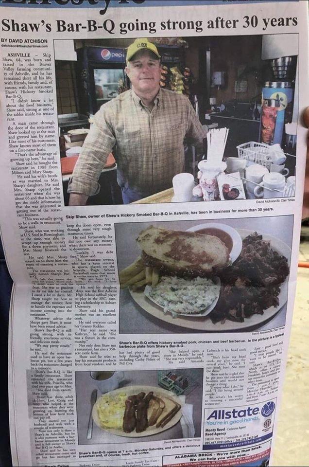 Menu at Shaws BBQ, Ashville, US231