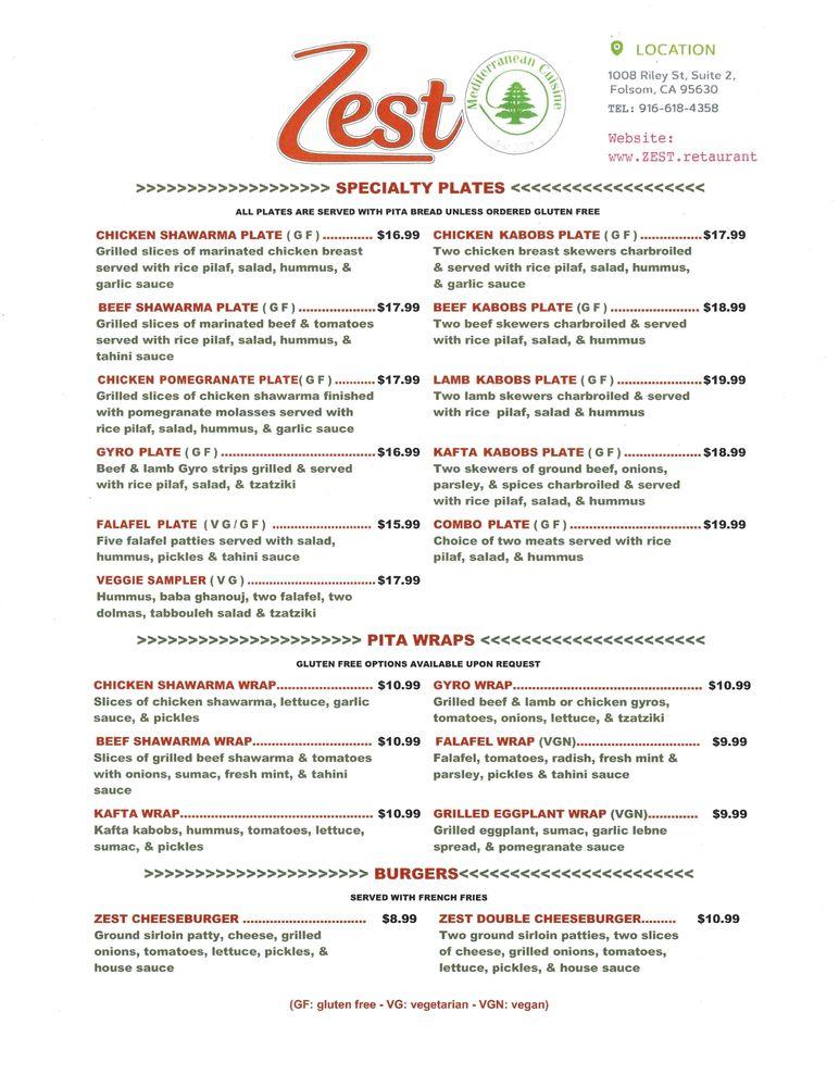 Menu at Zest Mediterranean Cuisine restaurant, Folsom