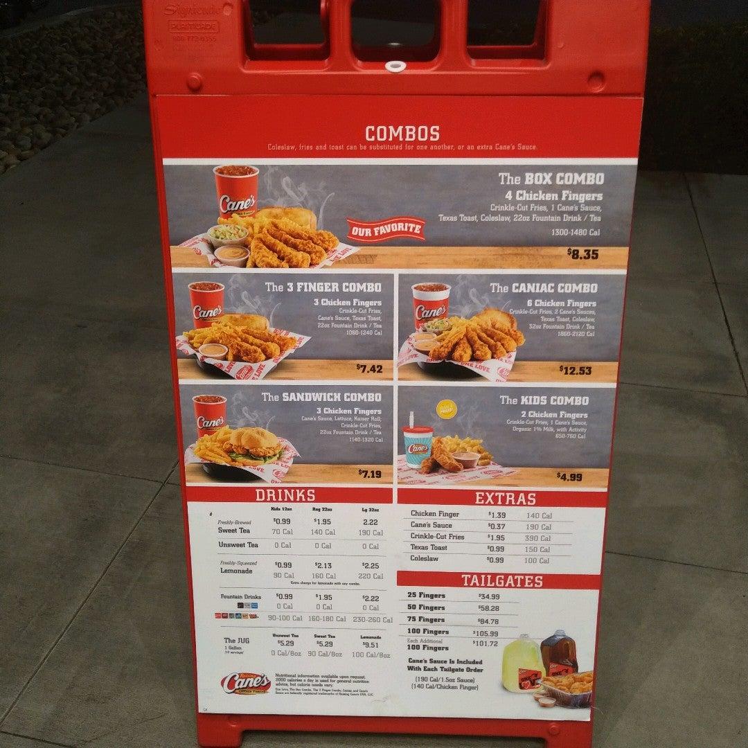 Menu at Raising Cane's fast food, Long Beach