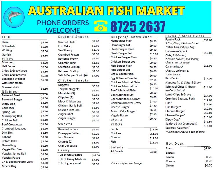 Menu at Australian Fish Market fast food, Mount Gambier