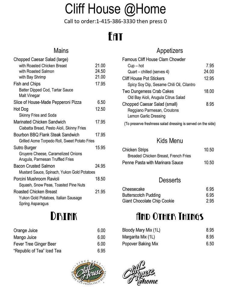 Menu at Cliff House restaurant, San Francisco, Point Lobos
