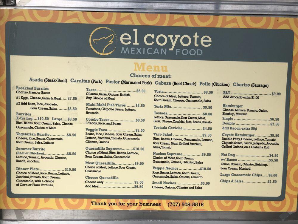 Menu at El Coyote restaurant, Sonoma