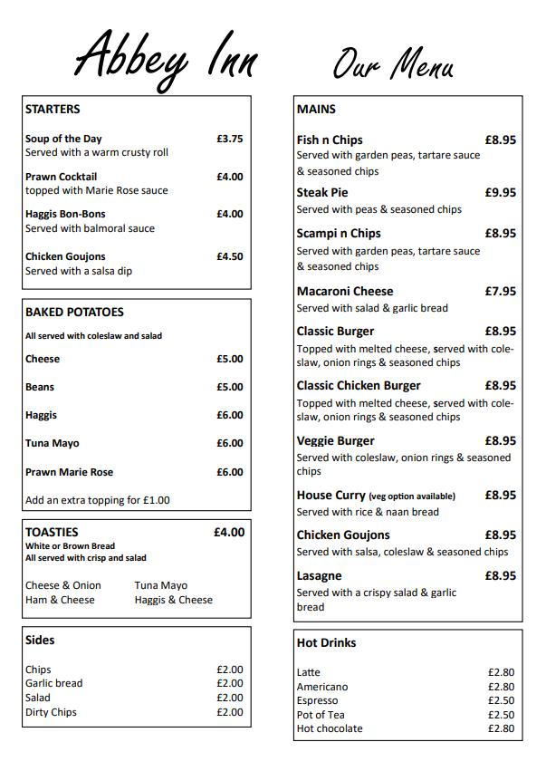Menu at The Abbey Inn pub & bar, Kinloss, Findhorn Rd