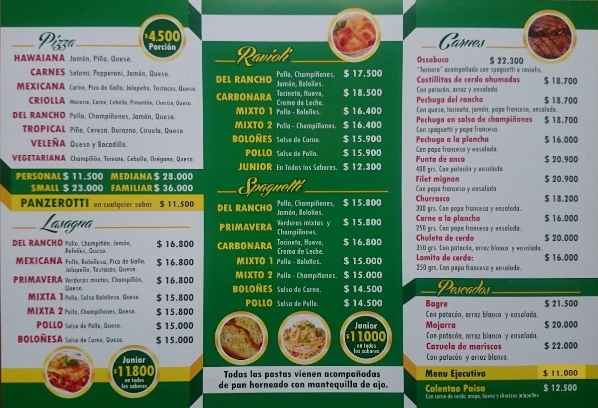 Menu at pizzeria restaurante el rancho, Colombia