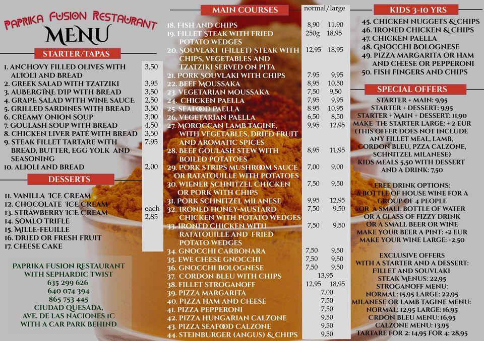 Menu at Paprika Fusion Restaurant, Rojales, Av. de las Naciones.1C