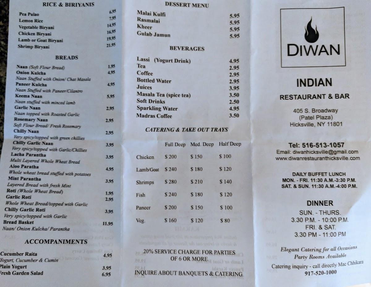 Menu at Diwan Indian Restaurant and Bar, Hicksville