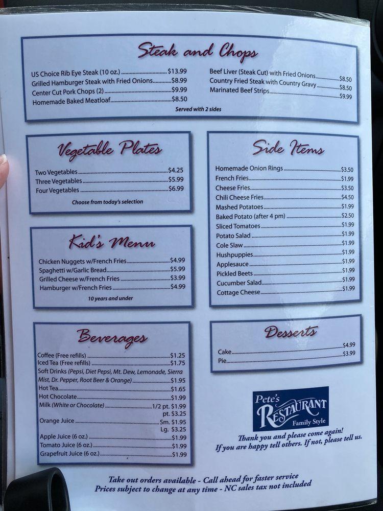 Menu at Pete's Family Restaurant, Carthage