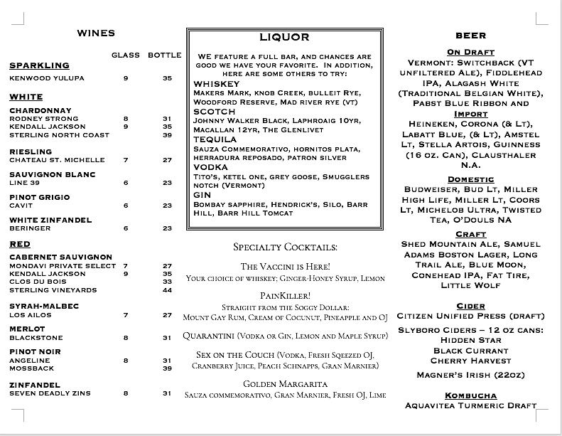 Menu at The Barn, Pawlet