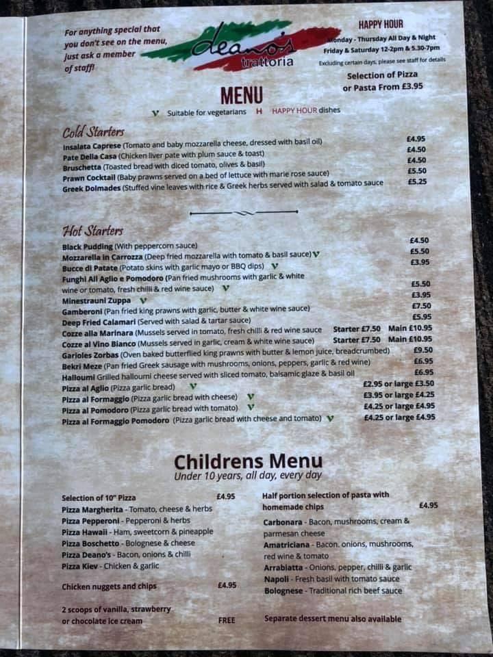 Menu at Da-Zero restaurant, Chester-le-Street