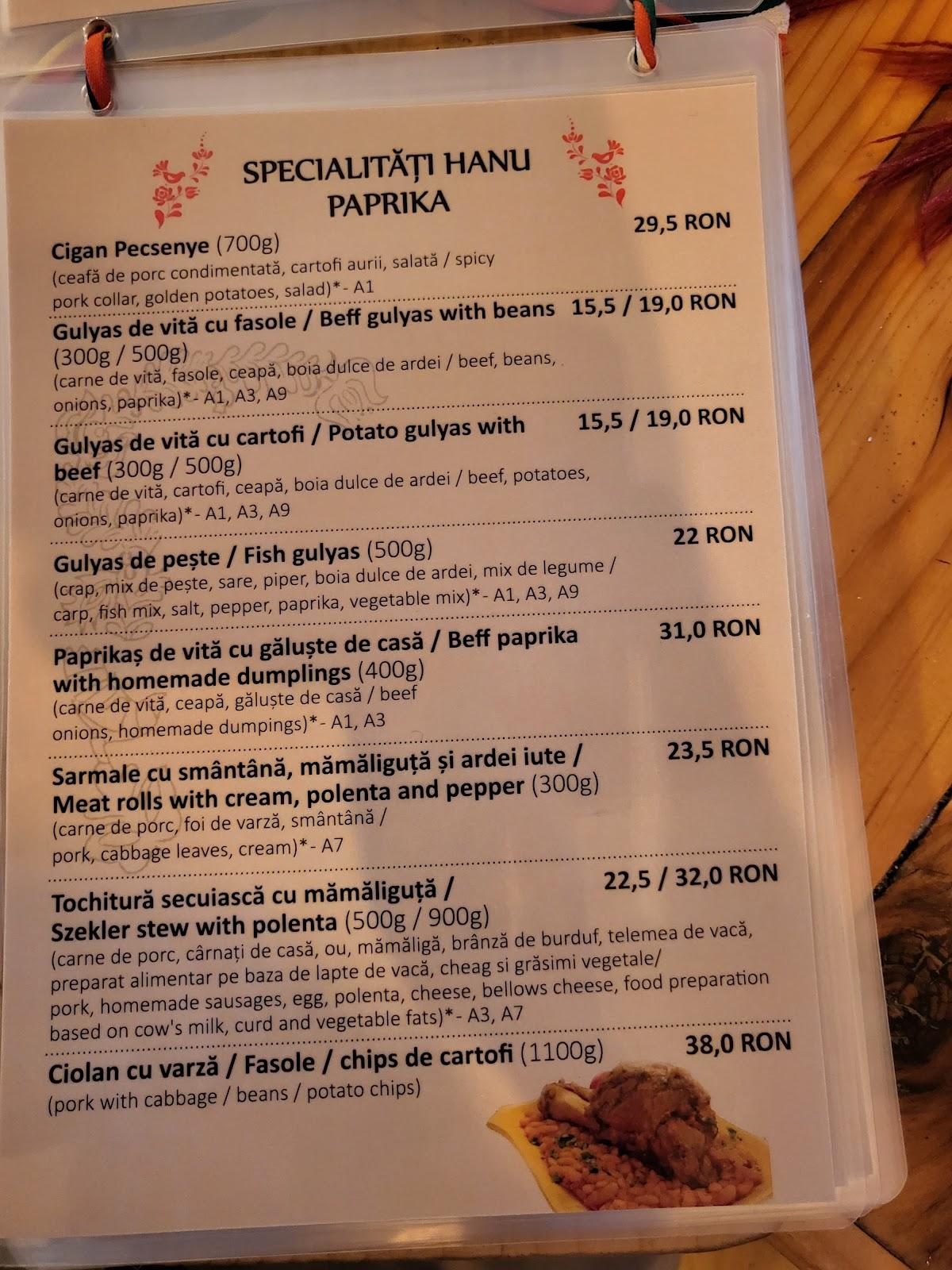 Menu at Hanu Paprika, Ozun, Strada Gábor Áron 89