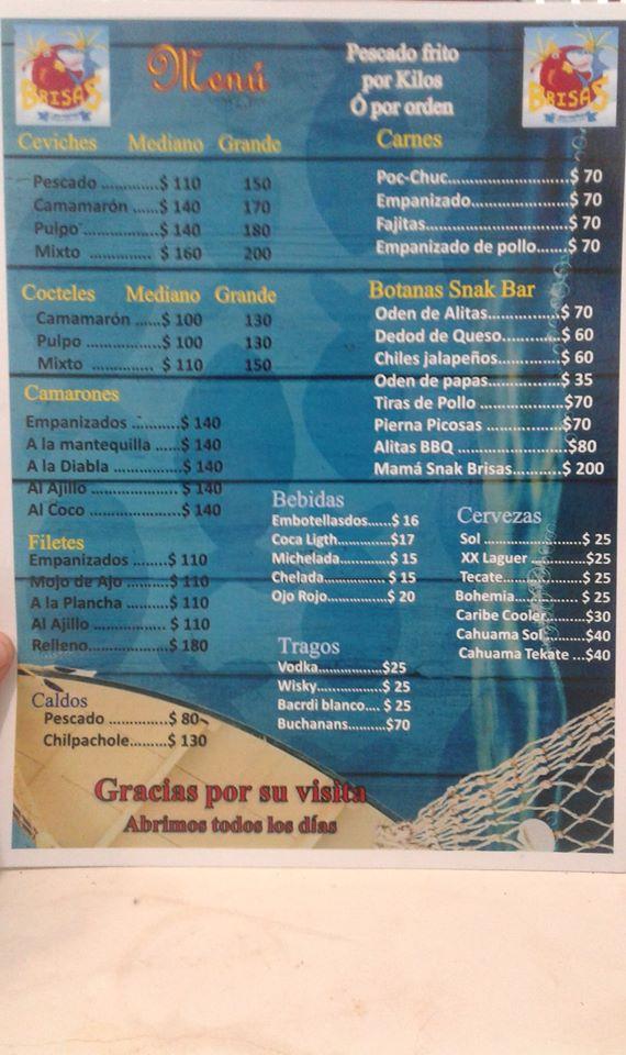 Menu at Las Brisas restaurant, Telchac Puerto