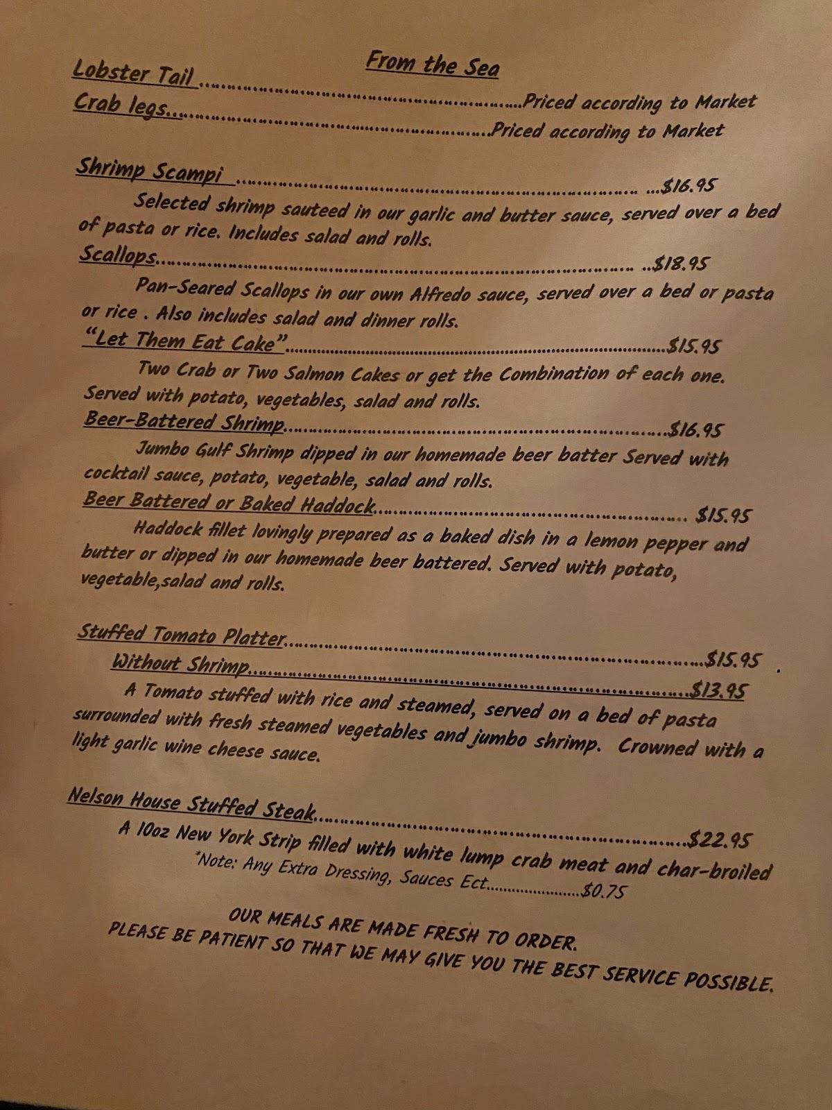 Menu at Nelson House restaurant, DuBois, 123 N Main St