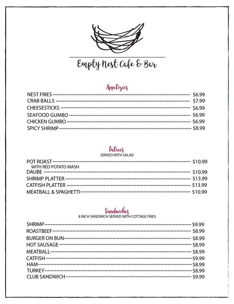 Menu At Empty Nest Cafe And Bar Metairie